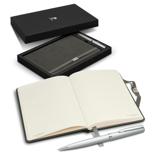 Promotional Pierre Cardin Lombard Notebook and Pen Gift Sets Grey Open